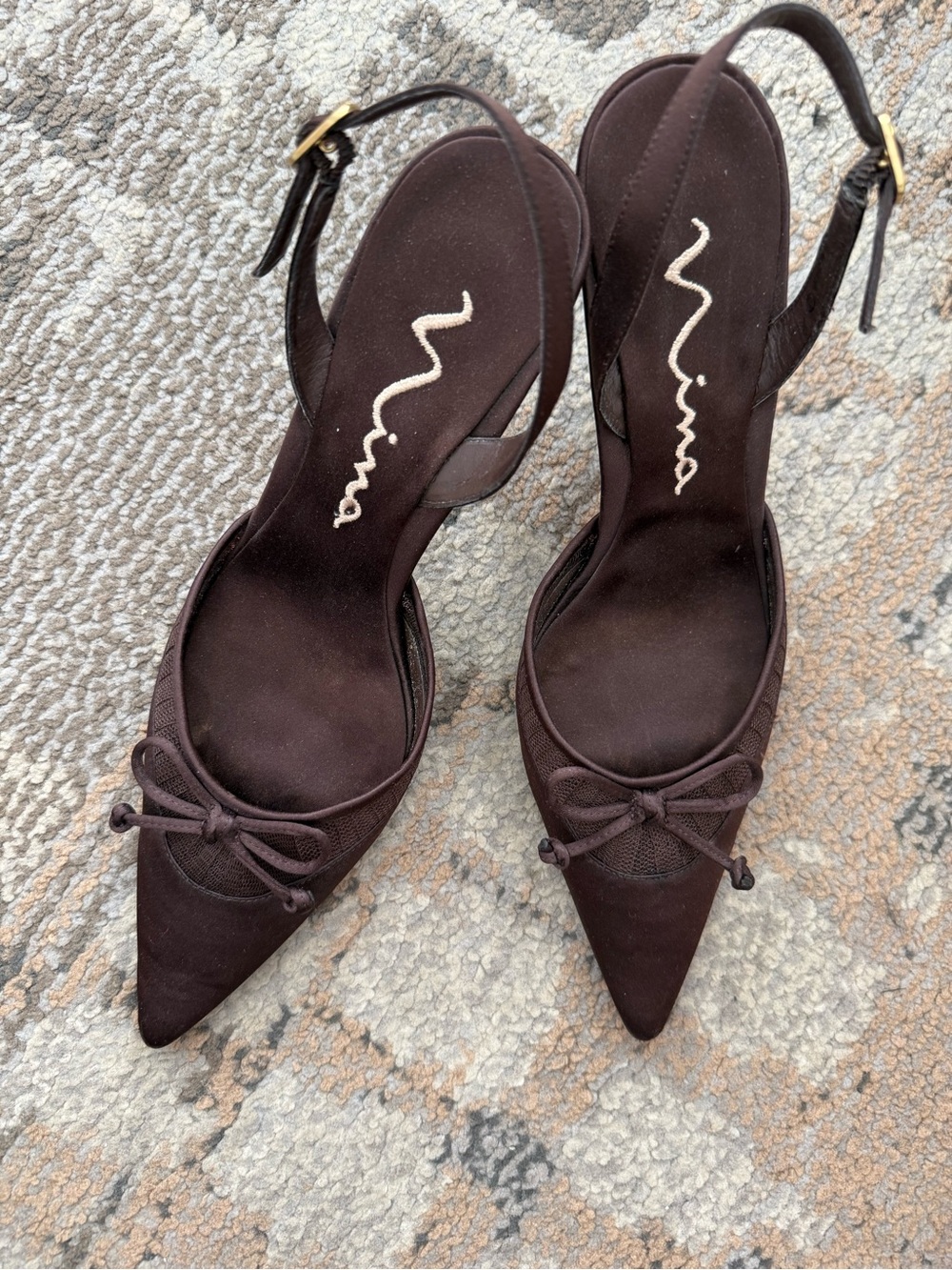 Nina Chocolate Brown Matte Satin Slingback Heels – Size 38